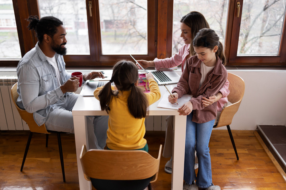 Parents and children together at home
